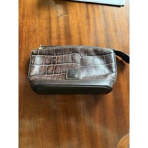 Dooney & Bourke Leather Croc Embossed Cosmetic Makeup Bag Clutch Brown Top Zip